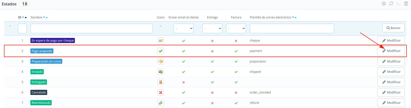 Editar estado de pedidos para configurar facturas en PrestaShop